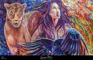 Sovereign: goddess, lioness, raven poster art by Larissa Davis