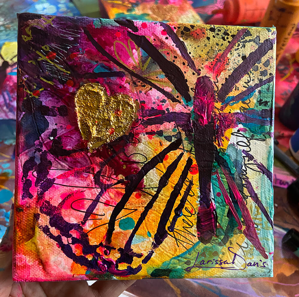 Heart of Gold expressive heart and butterfly painting of transformation by Larissa Davis