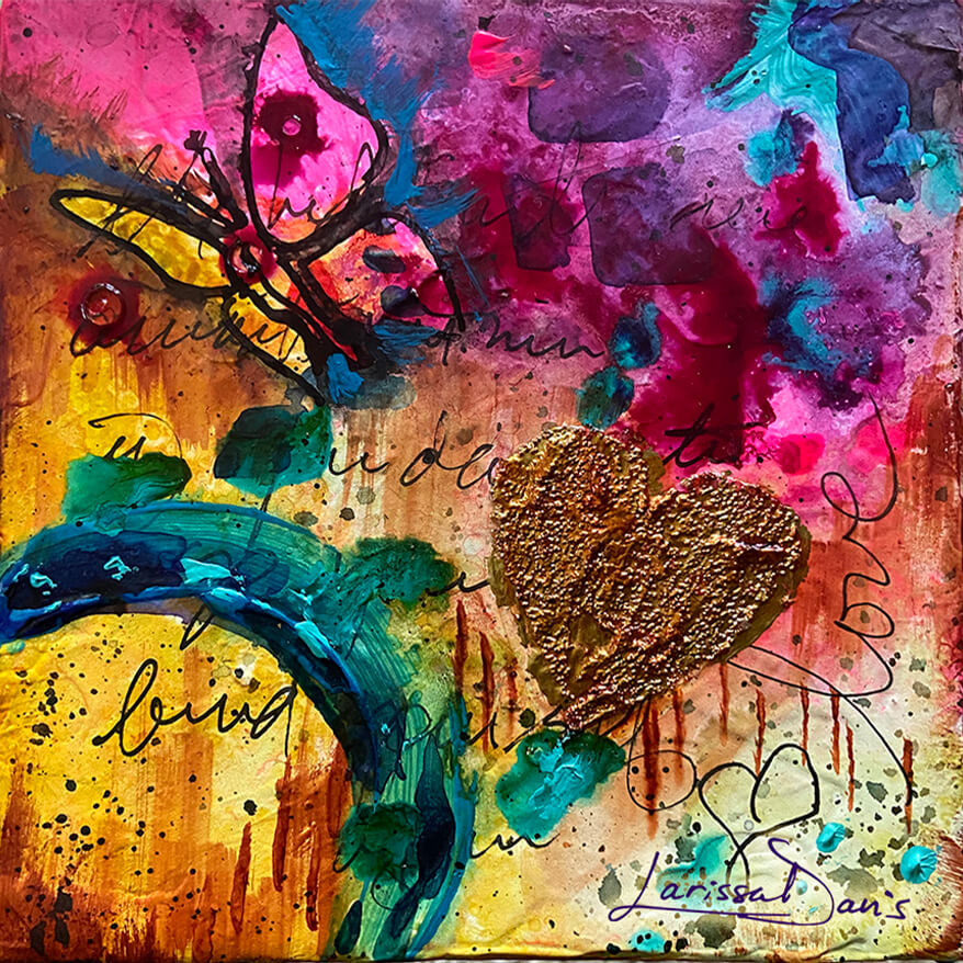 Heart of Gold expressive heart and butterfly painting of transformation by Larissa Davis