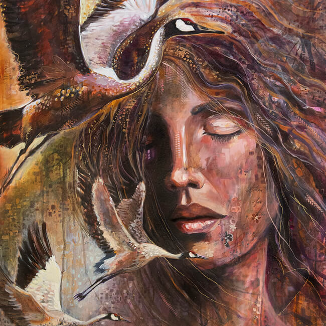 The Call Portrait of Woman in Nature with Cranes by Larissa Davis