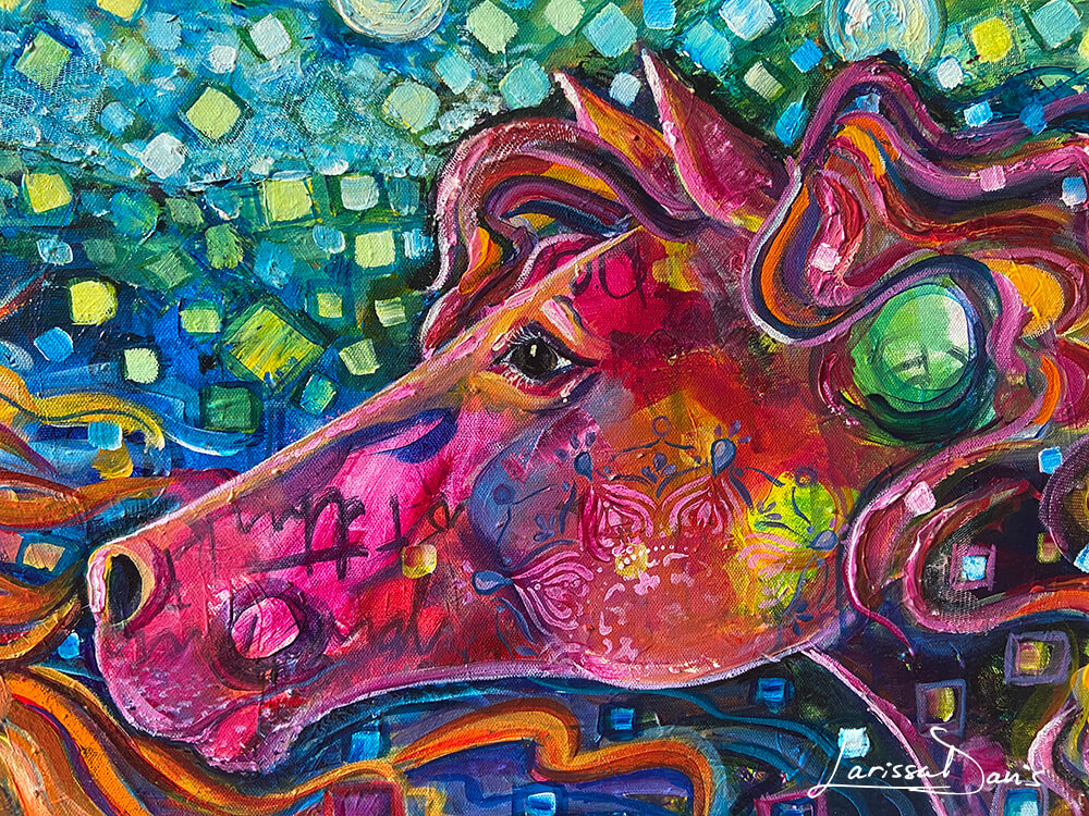 Freedom Run fantasy horse and raven painting by Larissa Davis
