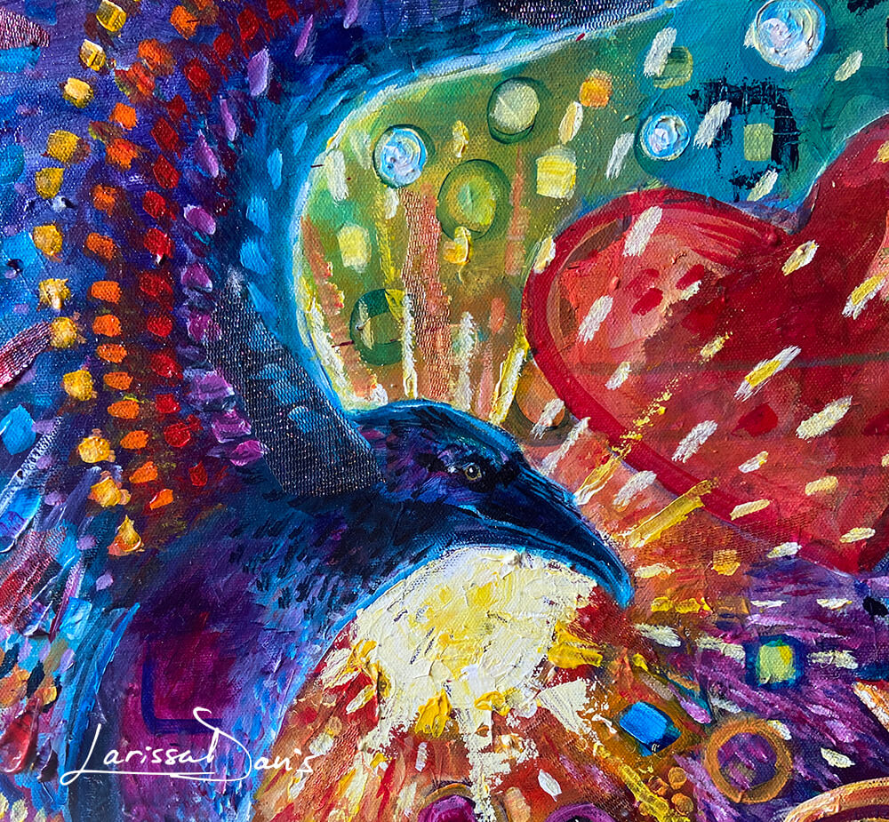 Freedom Run fantasy horse and raven painting by Larissa Davis