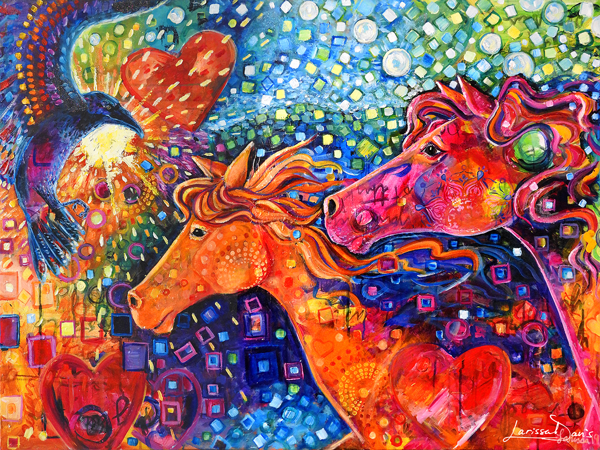 Freedom Run fantasy horse and raven painting by Larissa Davis