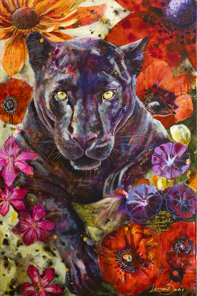 Threshold Riveting portrait of black panther in garden by Larissa Davis